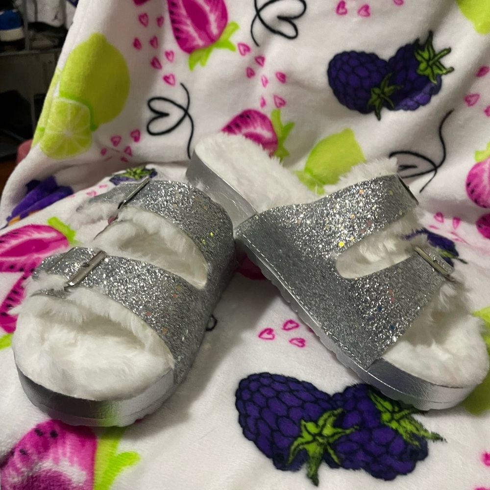 Glittery Silver Slide Sandals
